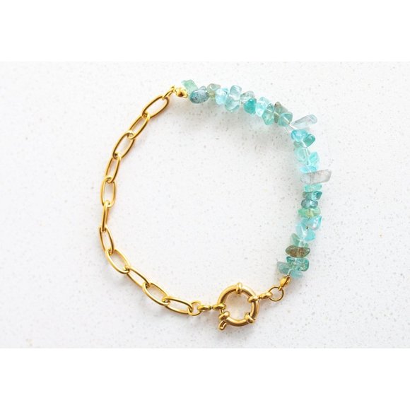 Statement Bracelet Gemstone Ocean Blue Apatite Chips Chunky Gold Chain Boho - Picture 5 of 10